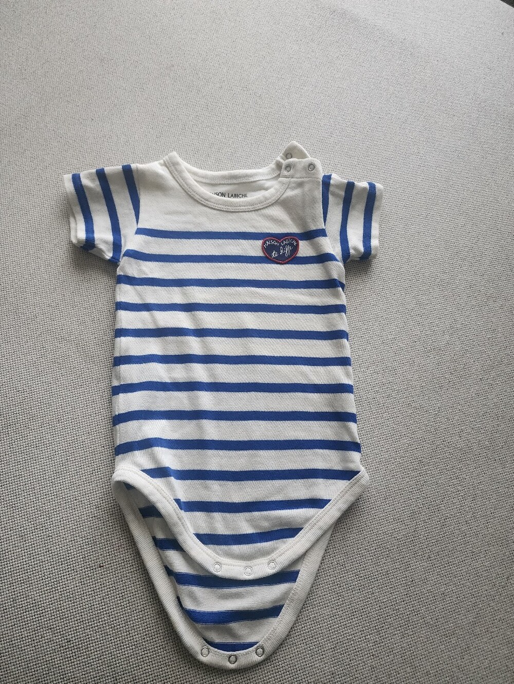 Maison Labiche Blue and White Striped Baby One-Piece Bodysuit with Heart Patch